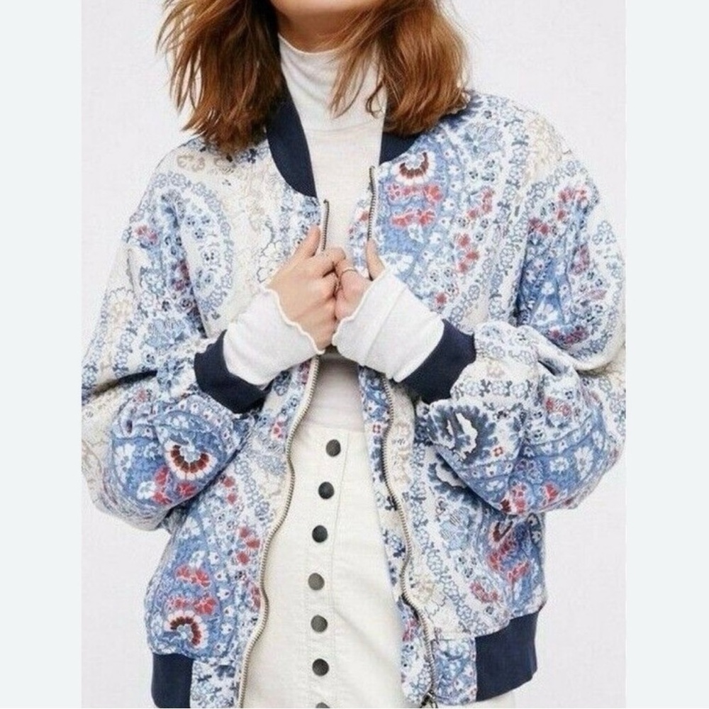 Free People Blue and Red Patterned Bomber Jacket